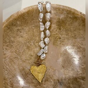 Gold Heart Pendant Necklace with White Beads